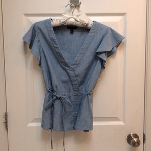 J.CREW chambray flutter sleeve faux wrap blouse with removable tie